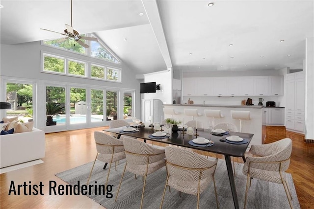 dining room featuring high vaulted ceiling, dark wood-style flooring, and a healthy amount of sunlight