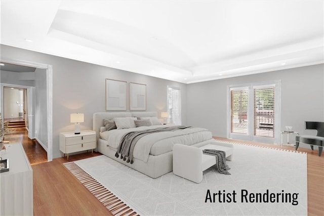 bedroom featuring baseboards, a raised ceiling, wood finished floors, and recessed lighting