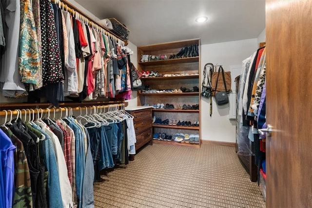 walk in closet with light colored carpet