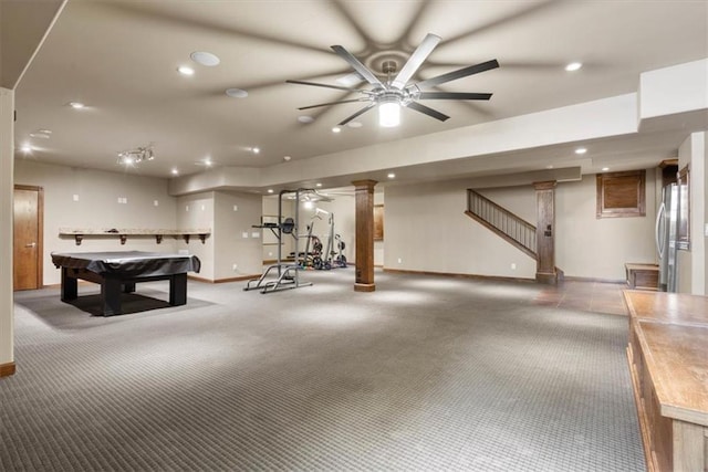 recreation room with decorative columns, recessed lighting, pool table, a ceiling fan, and baseboards