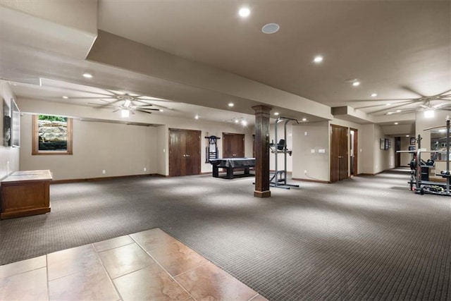 interior space with baseboards, light carpet, a ceiling fan, and recessed lighting