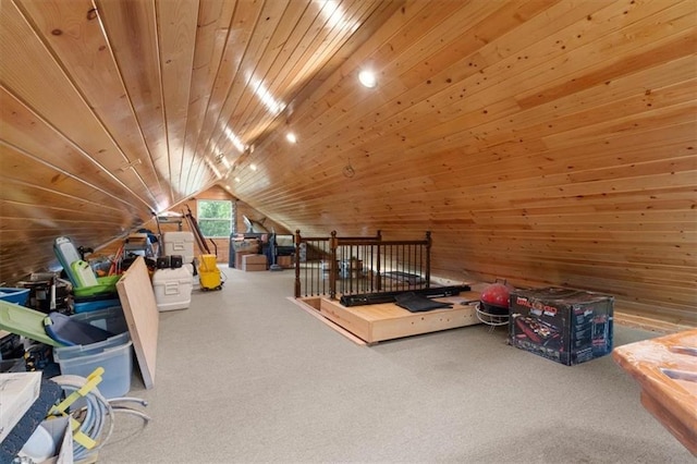 bonus room with carpet, wooden ceiling, vaulted ceiling, and wooden walls