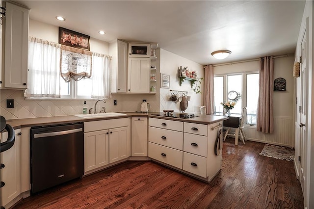 kitchen featuring white cabinetry, dishwasher, a sink, and open shelves