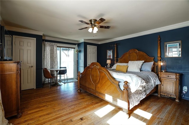 bedroom featuring access to exterior, a ceiling fan, ornamental molding, and wood finished floors