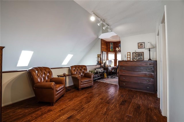 living area featuring lofted ceiling, dark wood finished floors, and track lighting