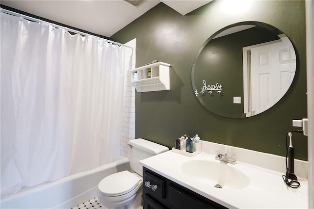 bathroom with vanity, toilet, and shower / bathtub combination with curtain