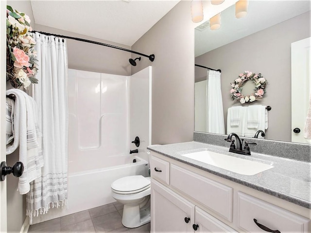 full bathroom featuring toilet, shower / bath combo, tile patterned flooring, and vanity