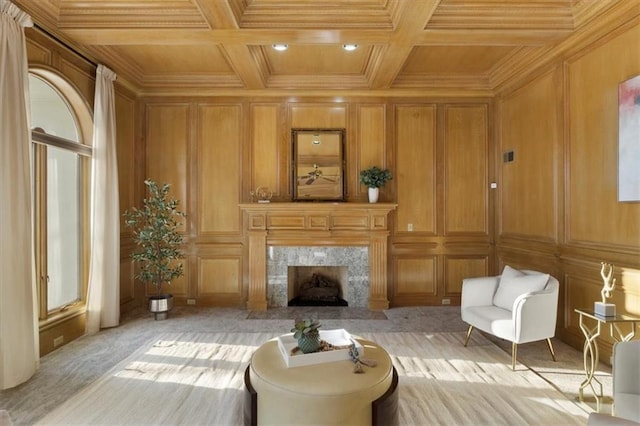 living area featuring wood walls, a decorative wall, and light colored carpet