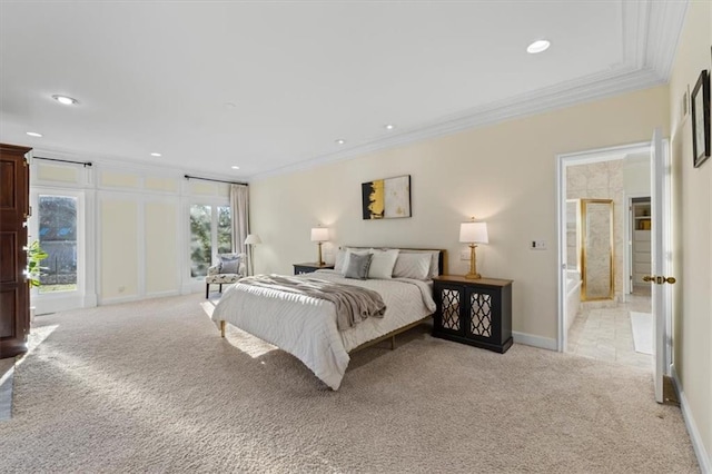 bedroom featuring access to exterior, ornamental molding, recessed lighting, and light colored carpet