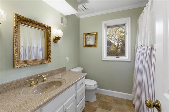 full bath with baseboards, visible vents, crown molding, and vanity