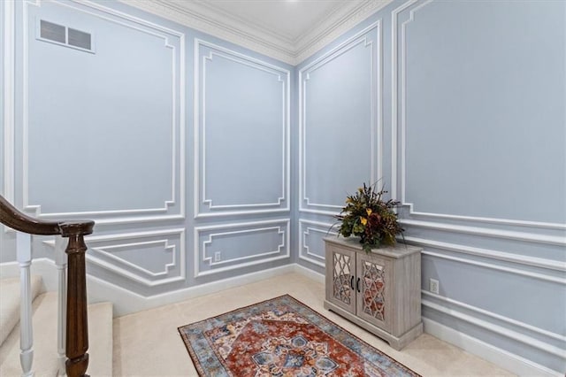 room details featuring ornamental molding, visible vents, and a decorative wall