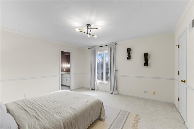 bedroom featuring an inviting chandelier, baseboards, crown molding, and light colored carpet