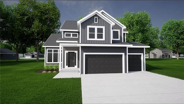 view of front of home featuring an attached garage, board and batten siding, concrete driveway, and a front lawn