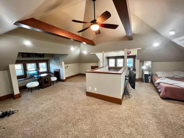 bonus room with light carpet, ceiling fan, lofted ceiling with beams, and baseboards