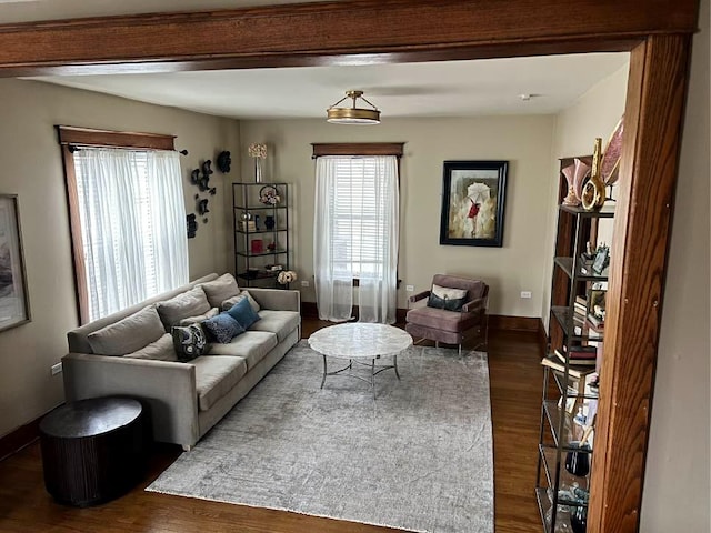 living room with dark wood-type flooring and baseboards