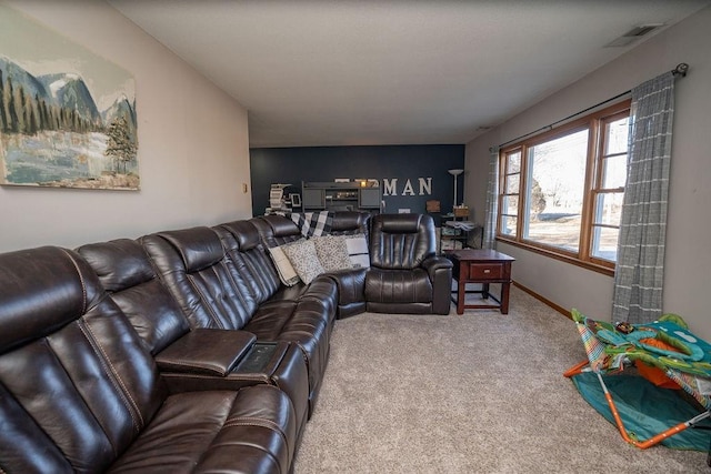 carpeted living room featuring baseboards and visible vents