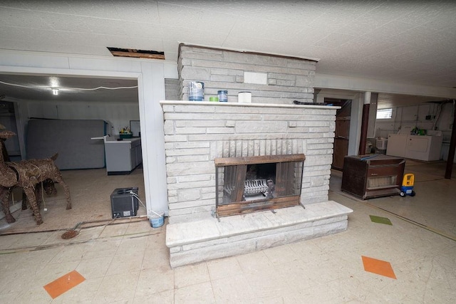 room details with a fireplace and tile patterned floors