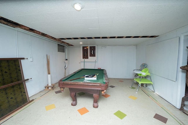 game room featuring electric panel, pool table, and tile patterned floors