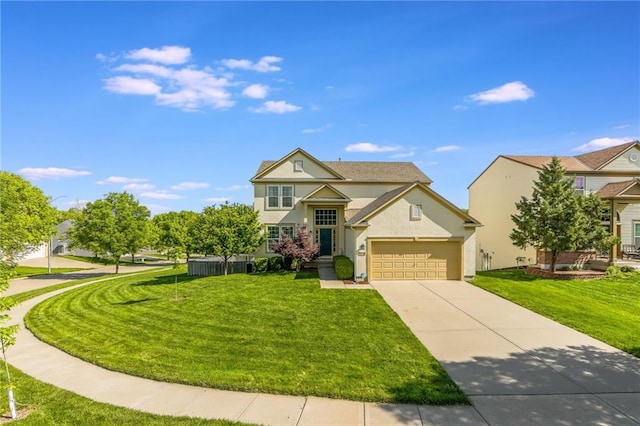 1716 NW 54th Ter, Kansas City, MO 64118 - traditional-style home with stucco siding, concrete driveway, a front lawn, and a garage