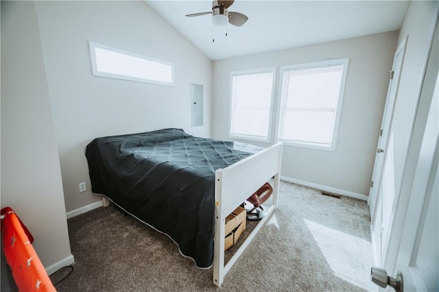 bedroom featuring vaulted ceiling, carpet floors, visible vents, and baseboards