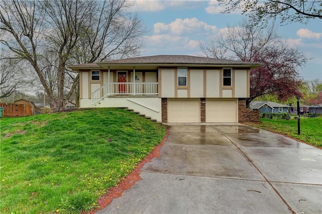 view of front of home featuring brick siding, stucco siding, concrete driveway, a front yard, and a garage