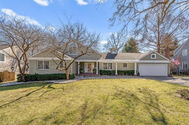 view of front of property featuring an attached garage, driveway, a front lawn, and a pergola