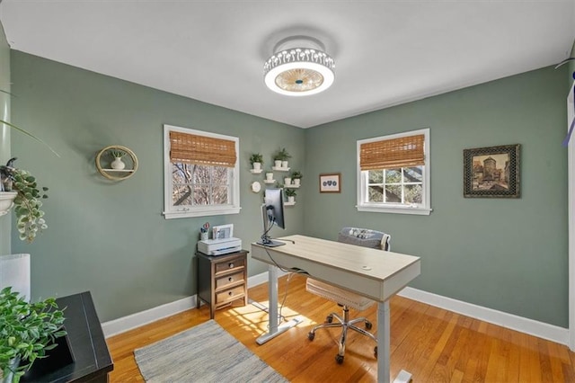 office with baseboards and wood finished floors