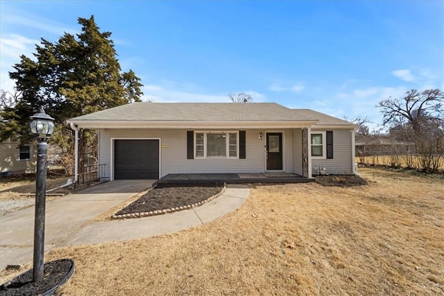 ranch-style home with a garage, fence, a porch, and concrete driveway