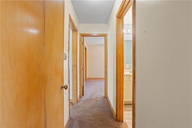 hall with baseboards, a sink, and light colored carpet