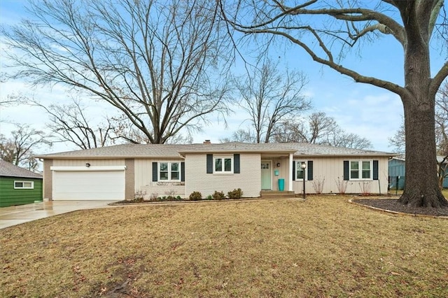 ranch-style home featuring brick siding, a chimney, an attached garage, driveway, and a front lawn