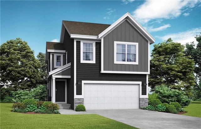 view of front facade featuring a garage, stone siding, a front lawn, and board and batten siding