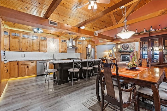 dining area featuring light wood finished floors, visible vents, wood ceiling, vaulted ceiling with beams, and a brick fireplace