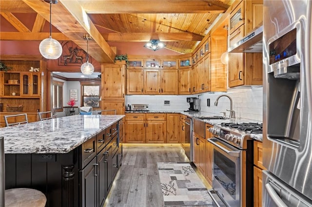 kitchen with wooden ceiling, a kitchen island, a sink, stainless steel appliances, and backsplash