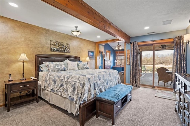 bedroom with lofted ceiling with beams, recessed lighting, carpet floors, visible vents, and access to outside