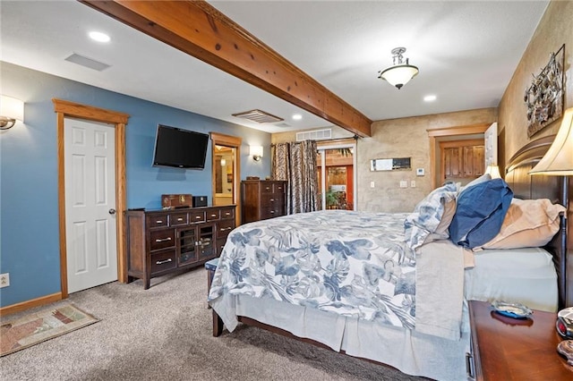 carpeted bedroom featuring recessed lighting, beam ceiling, and visible vents