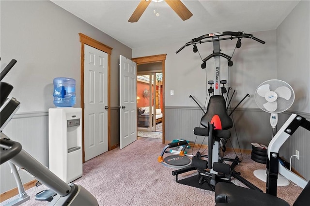 workout room with ceiling fan, carpet flooring, and wainscoting