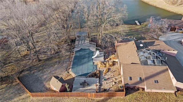 drone / aerial view featuring a water view