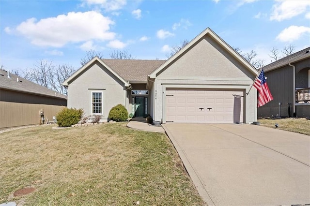 ranch-style home with a garage, driveway, a front yard, and stucco siding