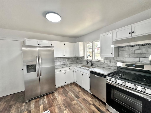 kitchen featuring under cabinet range hood, backsplash, stainless steel appliances, and a sink