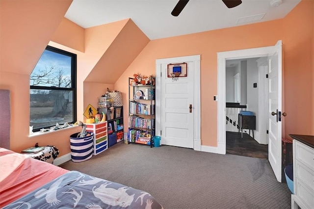 bedroom featuring carpet, baseboards, and ceiling fan