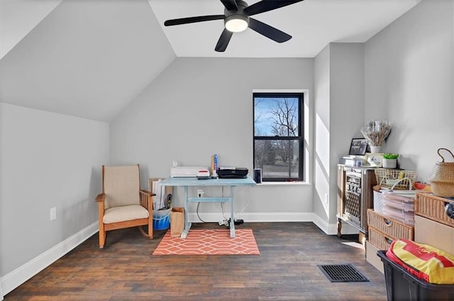 office area with lofted ceiling, ceiling fan, wood finished floors, and baseboards