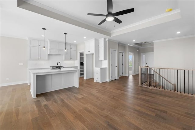 kitchen with a sink, baseboards, a ceiling fan, wood finished floors, and ornamental molding