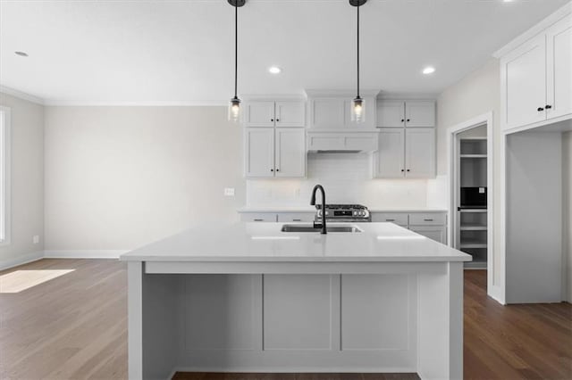 kitchen featuring wood finished floors, a sink, decorative backsplash, light countertops, and white cabinetry