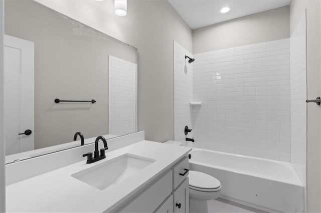 full bath with toilet, vanity, shower / bath combination, and recessed lighting