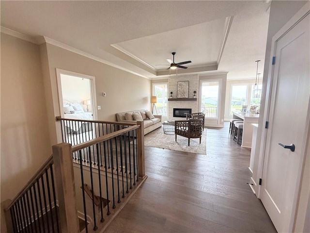25031 W 94th Ter, Lenexa, KS 66227 - living area featuring a tray ceiling, ceiling fan, dark wood-style floors, crown molding, and a fireplace