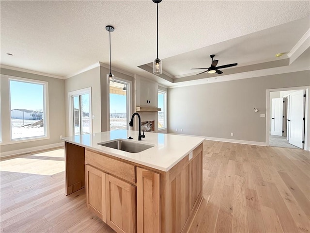 kitchen featuring a sink, hanging light fixtures, light countertops, a tray ceiling, and a center island with sink