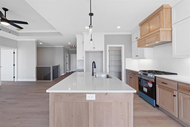 kitchen featuring stainless steel range with gas cooktop, backsplash, crown molding, and a sink