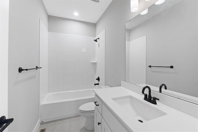 full bath with vanity, baseboards, toilet, and shower / washtub combination