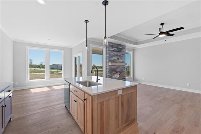 kitchen with crown molding, light brown cabinetry, open floor plan, and a sink