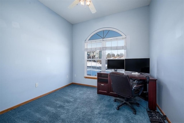 office area with ceiling fan, carpet, and baseboards